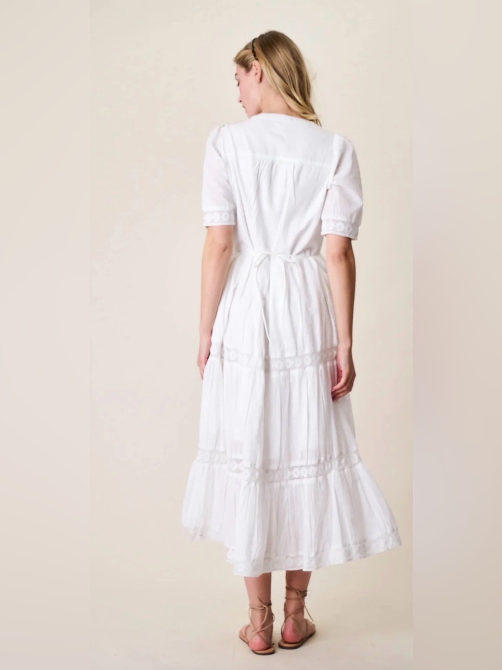 White Button-Front Midi Dress with Lace Trim - Picture 2 of 15